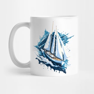 Old sailing boat sailing the sea. Waves and blue tones Mug